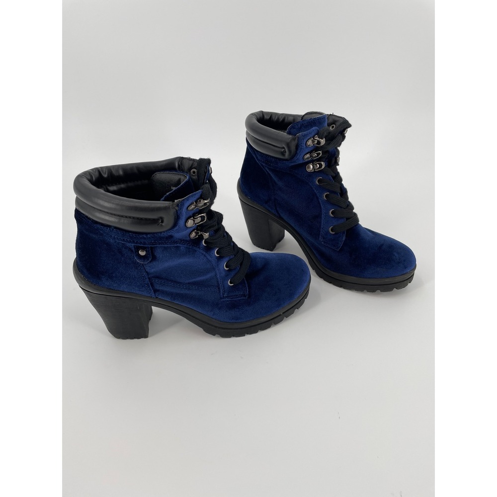Joe Boxer Allyn Blue Velvet Lace Up Lug Sole Chunky Heel Ankle Boots Womens 8